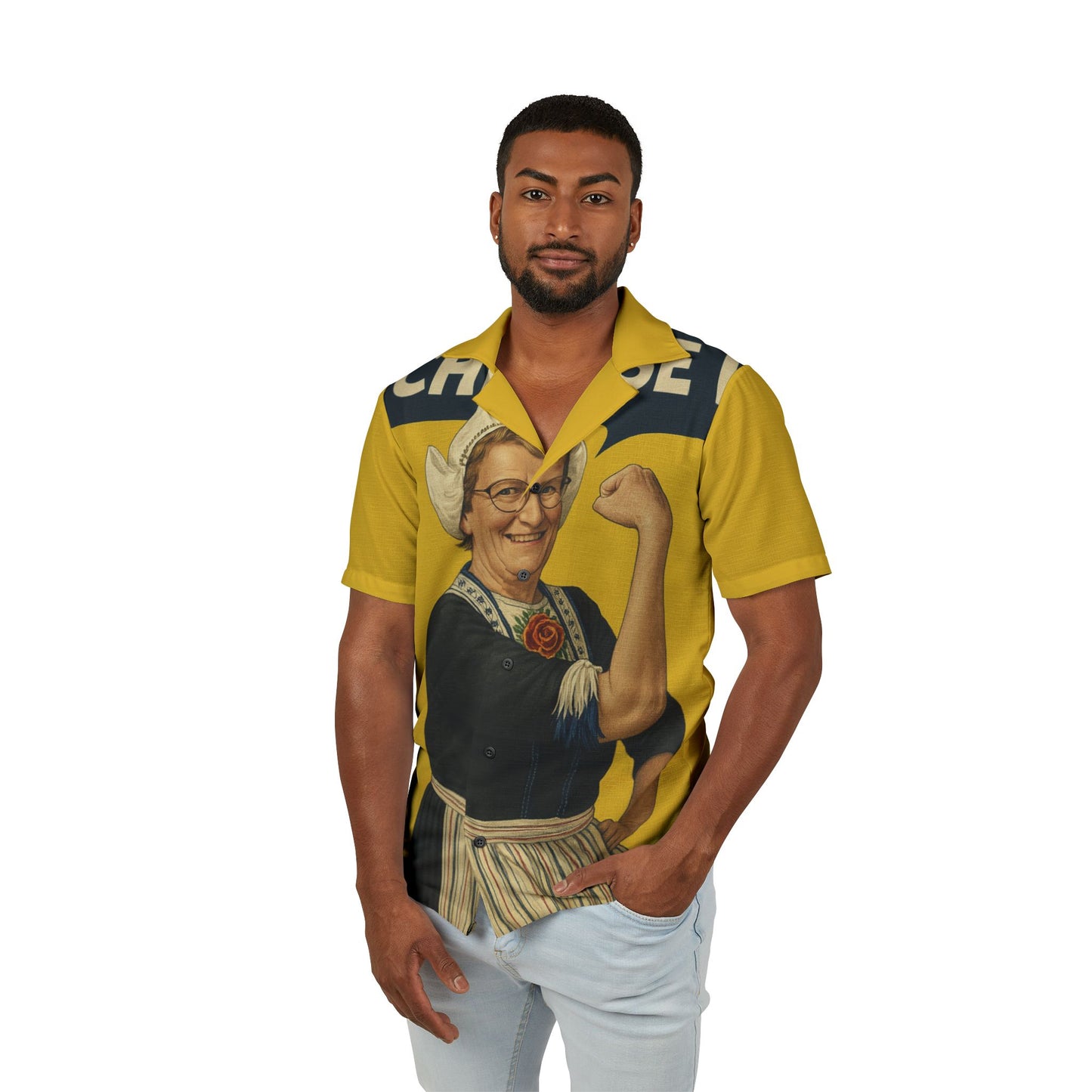 Vintage Rosie the Riveter-Style Hawaiian Shirt - Bold Yellow AOP Camp Shirt