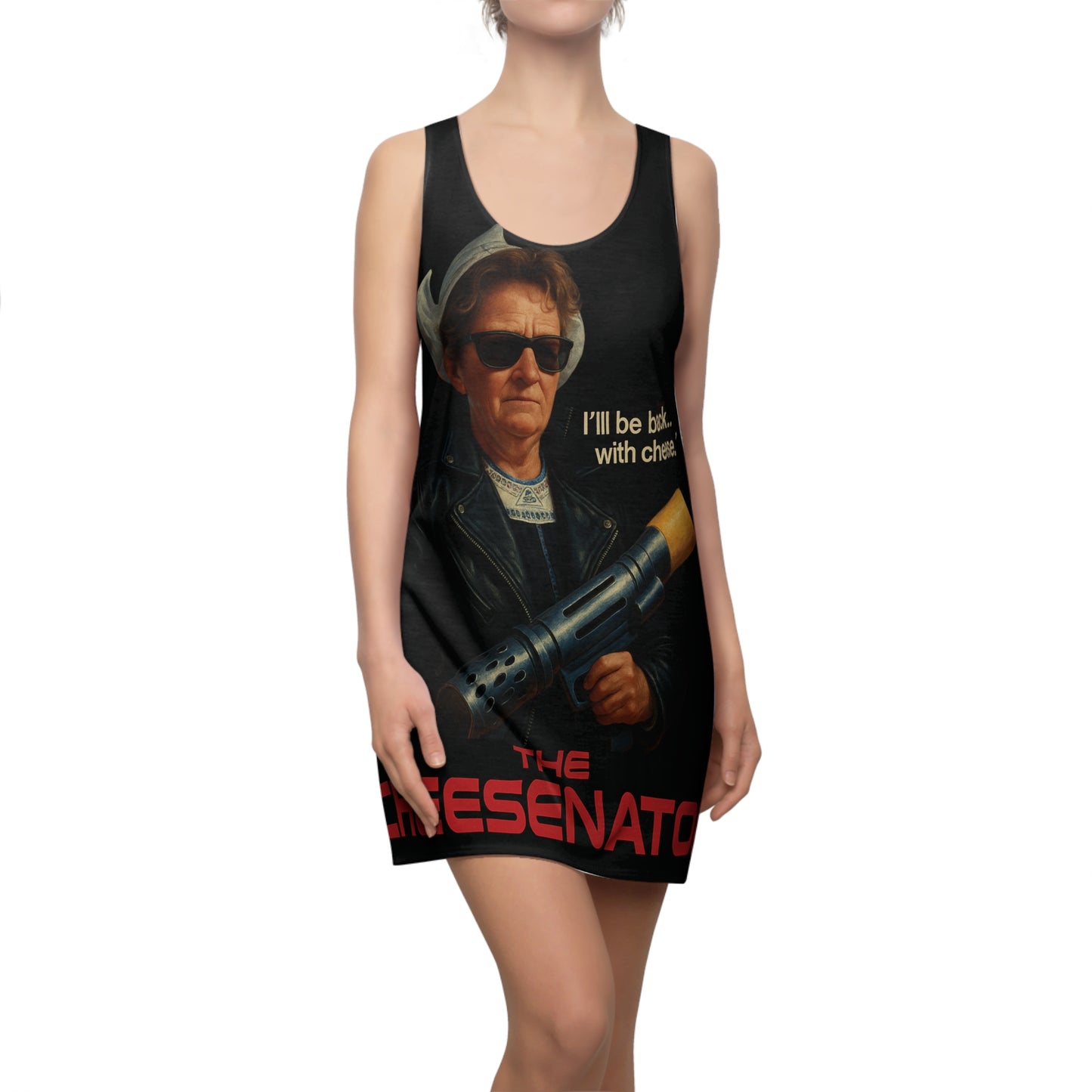 Racerback Dress — 'The Cheesenator' Graphic Dress with Retro Action Poster Design