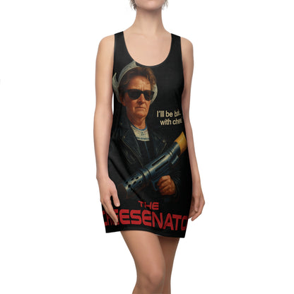 Racerback Dress — 'The Cheesenator' Graphic Dress with Retro Action Poster Design