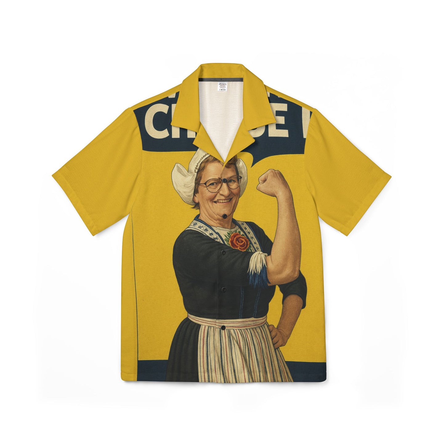 Vintage Rosie the Riveter-Style Hawaiian Shirt - Bold Yellow AOP Camp Shirt