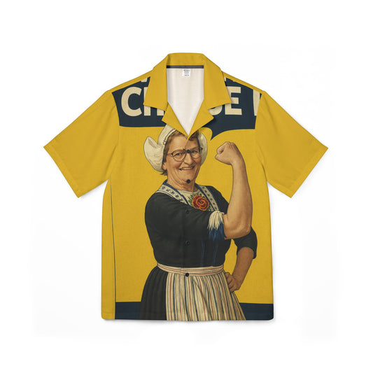 Vintage Rosie the Riveter-Style Hawaiian Shirt - Bold Yellow AOP Camp Shirt