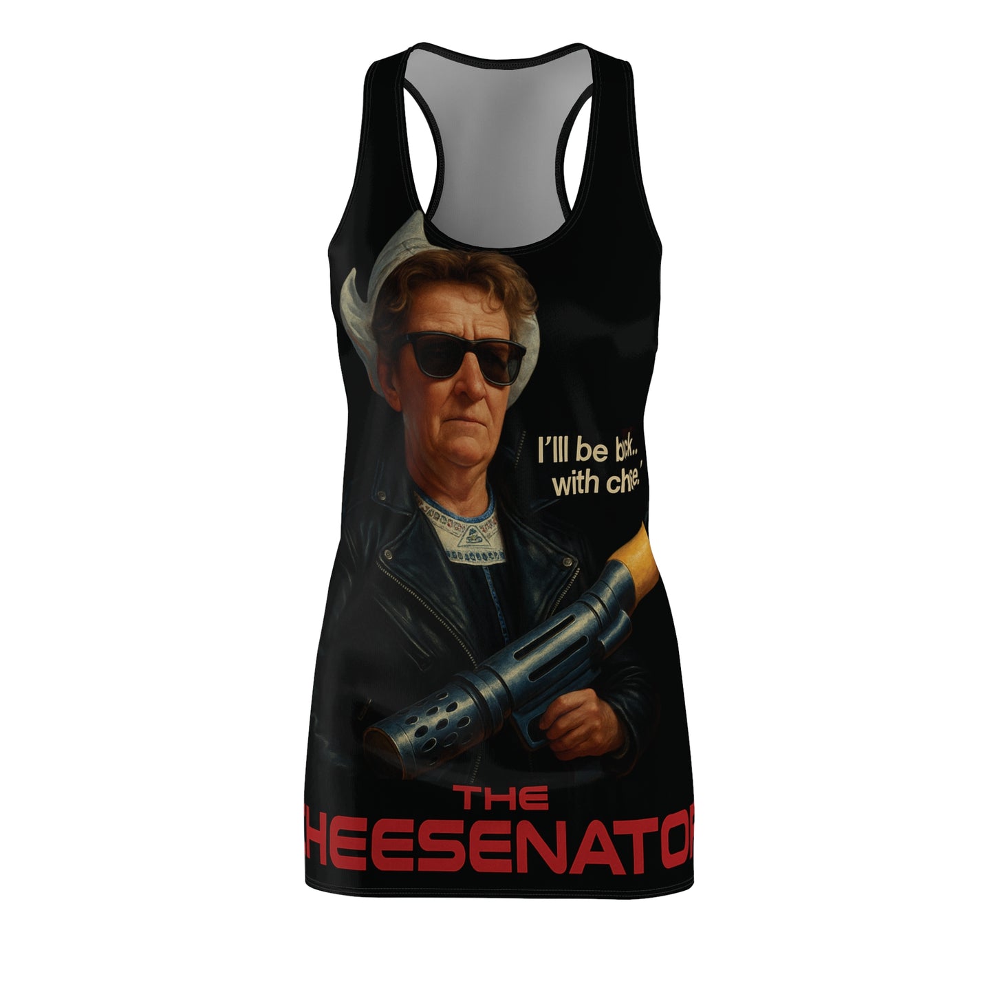 Racerback Dress — 'The Cheesenator' Graphic Dress with Retro Action Poster Design
