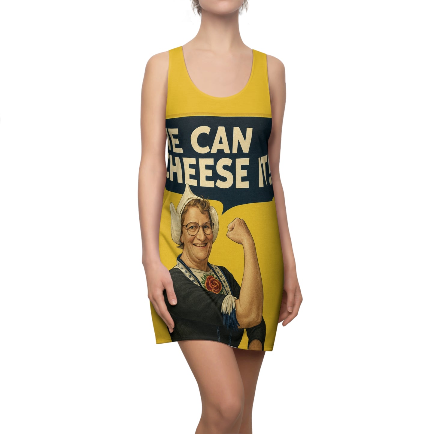 Racerback Dress — Retro 'We Can Cheese It' Vintage Rosie-Inspired Yellow Dress