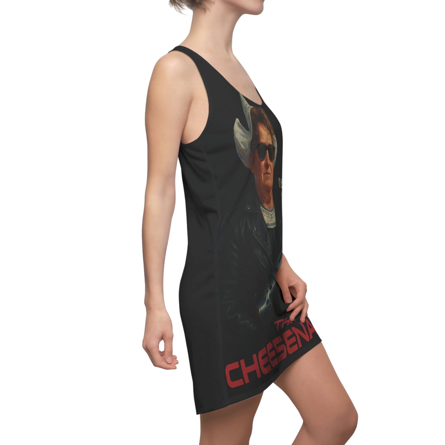 Racerback Dress — 'The Cheesenator' Graphic Dress with Retro Action Poster Design