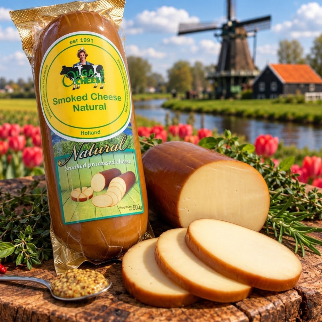 A package of Cools Smoked Cheese Natural next to a sliced loaf of cheese and several cut slices, arranged on a rustic wooden surface with flowers and a Dutch windmill and canal in the background.