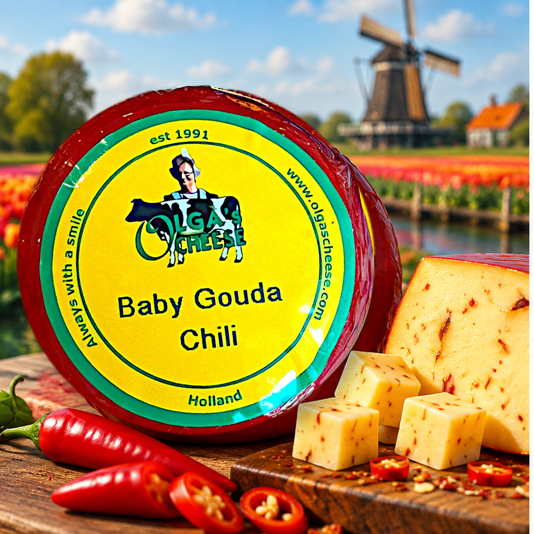 Olga's Cheese Baby Gouda Chili hero with exact original product, Dutch windmill, tulips, chili peppers and opened cheese