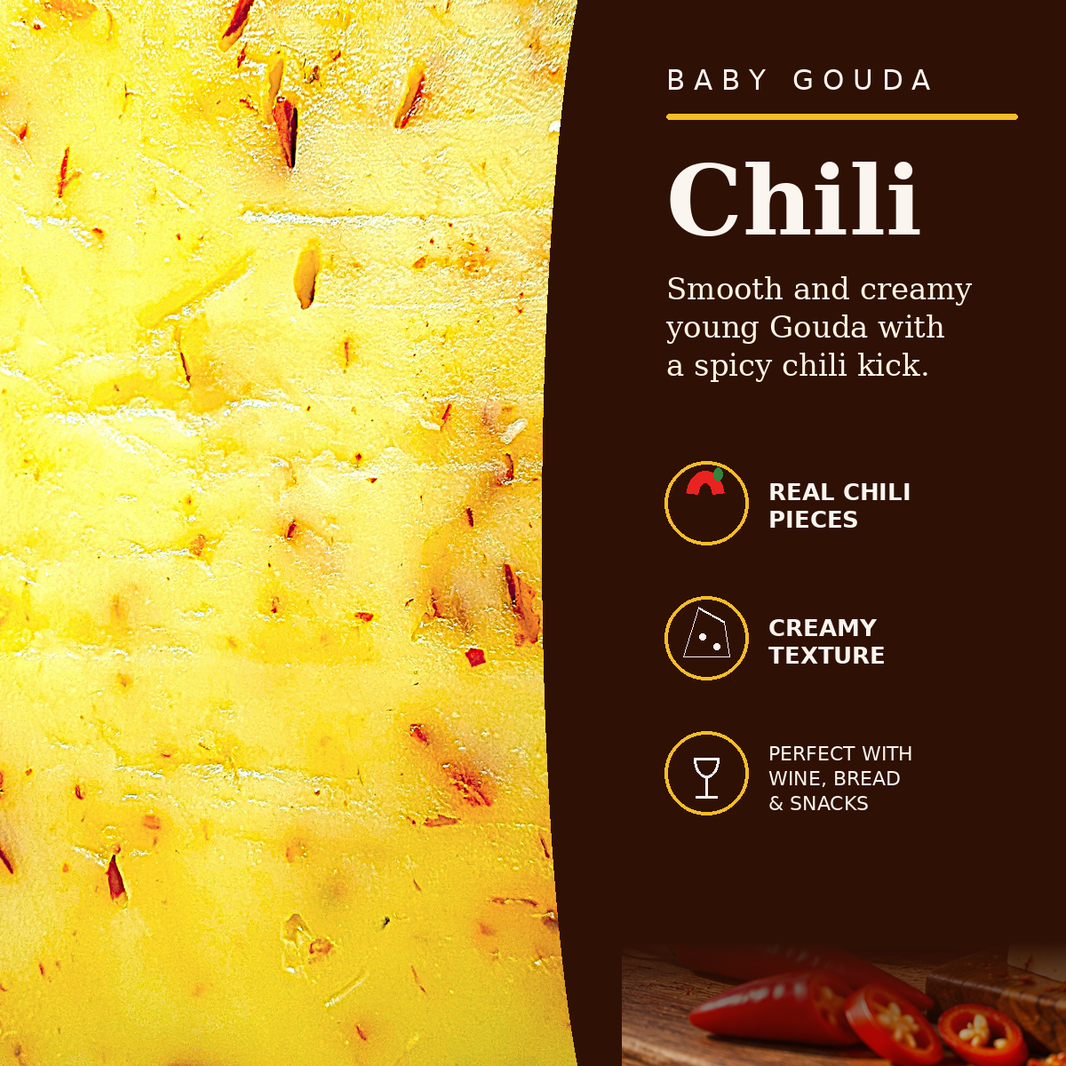 Baby Gouda Chili taste and texture card using the actual cheese texture with chili pieces and pairing notes