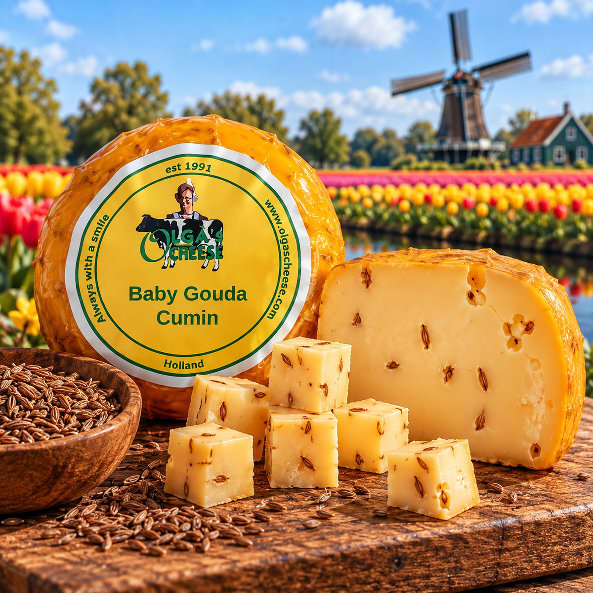 Olga's Cheese Baby Gouda Cumin with Dutch windmill, tulips, open cumin Gouda and cumin seeds