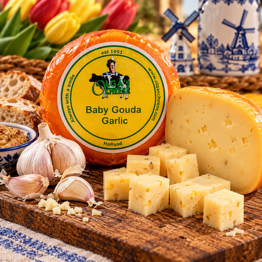 Olga's Cheese Baby Gouda Garlic with garlic cloves, open cheese, tulips and Dutch windmill