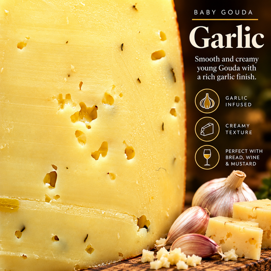 Baby Gouda Garlic taste and texture card with creamy texture and garlic pairing notes
