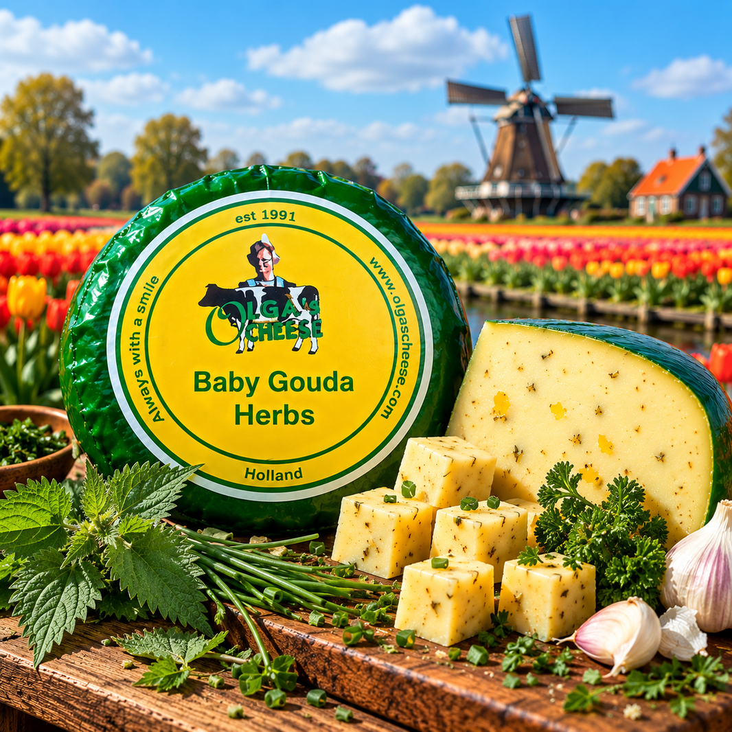 Olga's Cheese Baby Gouda Herbs with Dutch windmill, tulips, nettle, chives, parsley, garlic and open herb Gouda