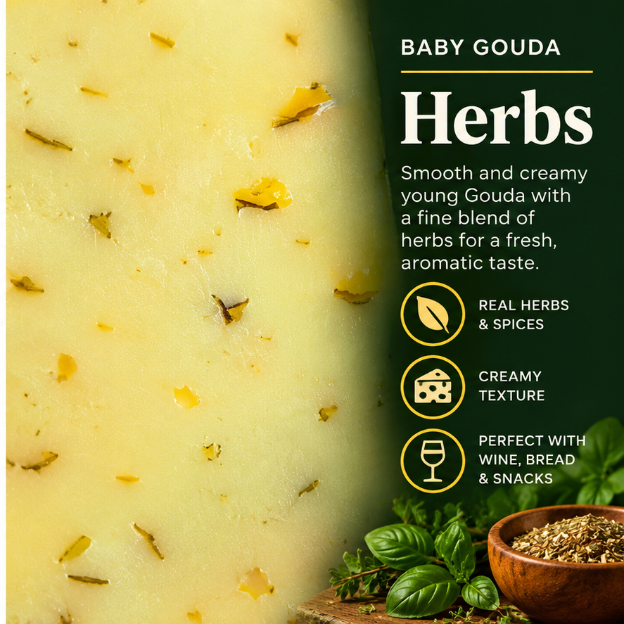 Baby Gouda Herbs taste and texture card using the actual cheese texture with herbs and pairing notes