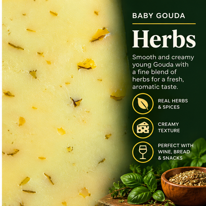 Baby Gouda Herbs taste and texture card using the actual cheese texture with herbs and pairing notes