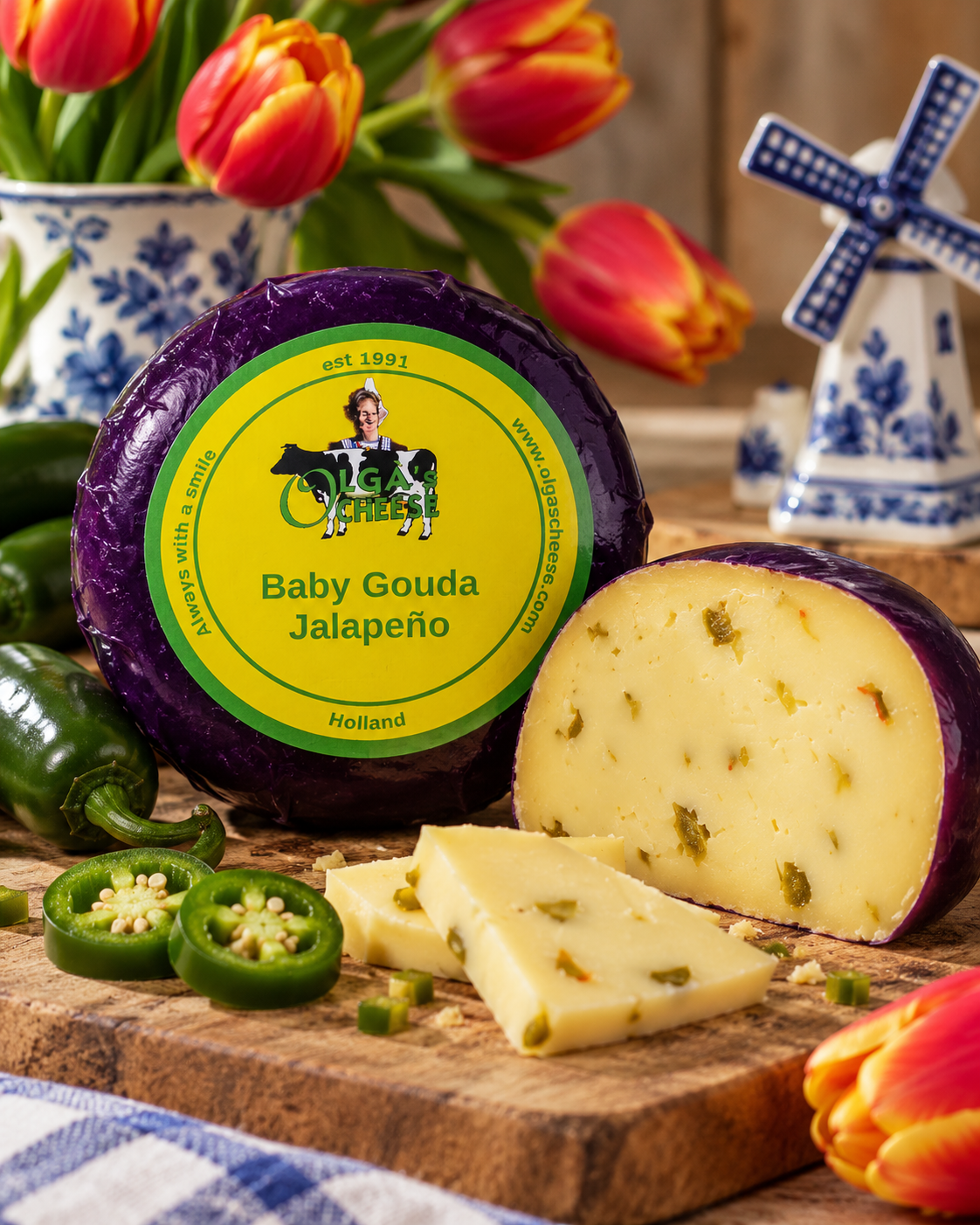 Olga's Cheese Baby Gouda Jalapeño with sliced cheese, jalapeños, tulips and Dutch windmill
