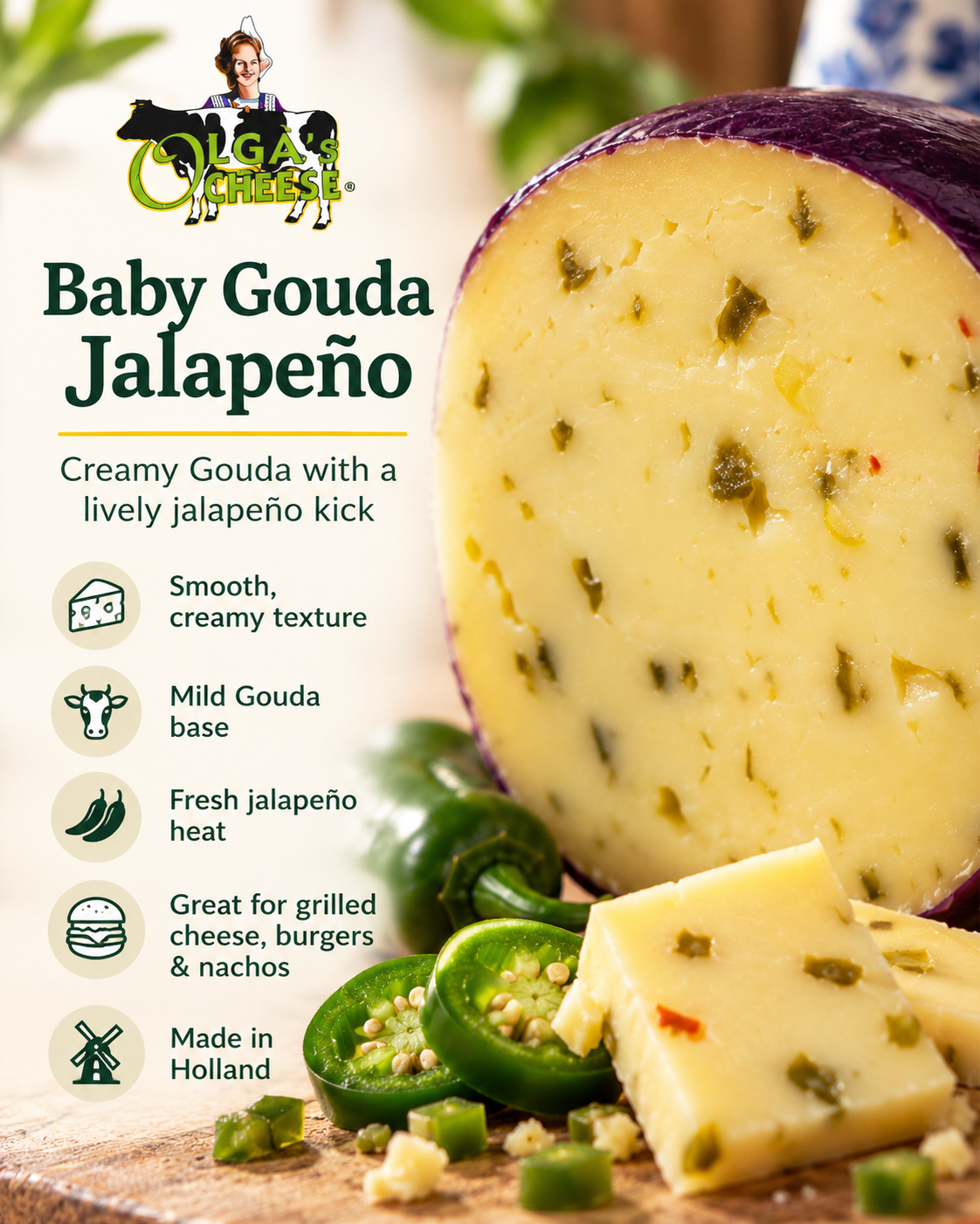 Baby Gouda Jalapeño taste and texture card, pepper pieces and serving suggestions