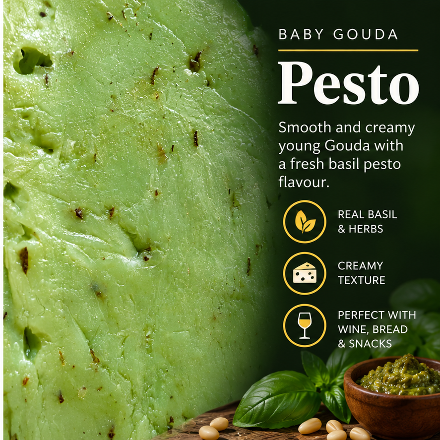 Baby Gouda Pesto taste and texture card with actual green pesto cheese texture, basil flavour and pairing notes