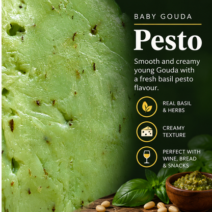 Baby Gouda Pesto taste and texture card with actual green pesto cheese texture, basil flavour and pairing notes