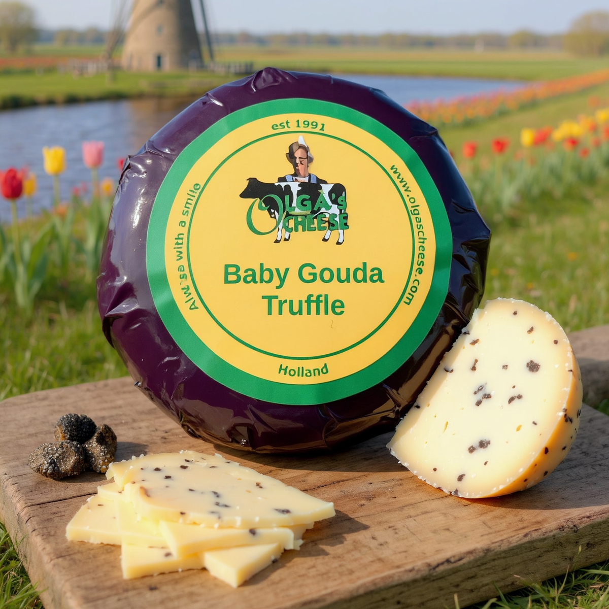 Olga's Cheese Baby Gouda Truffle hero with purple wrapping, Dutch windmill and truffle