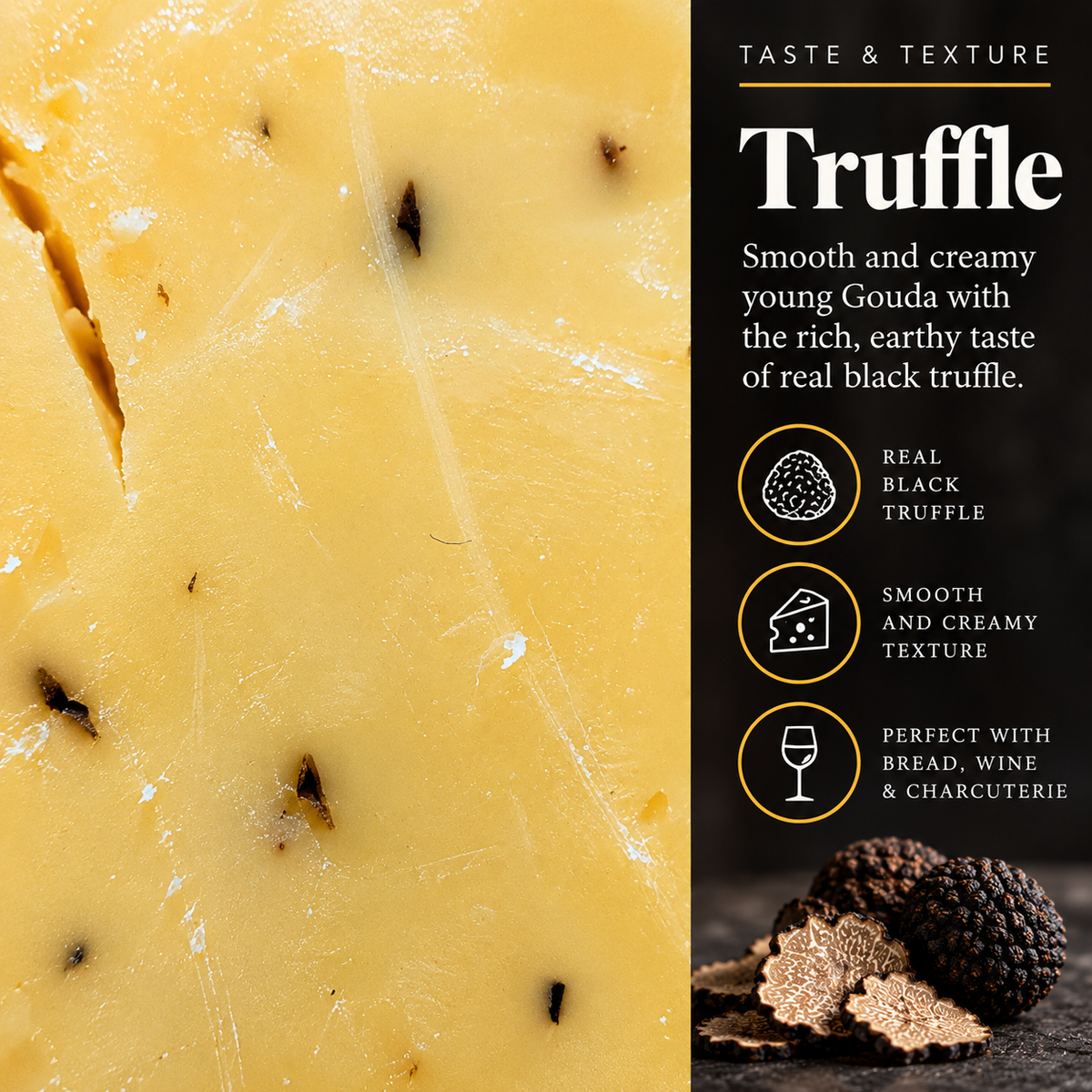 Olga's Cheese Baby Gouda Truffle taste and texture card with real black truffle, smooth creamy texture and pairing notes