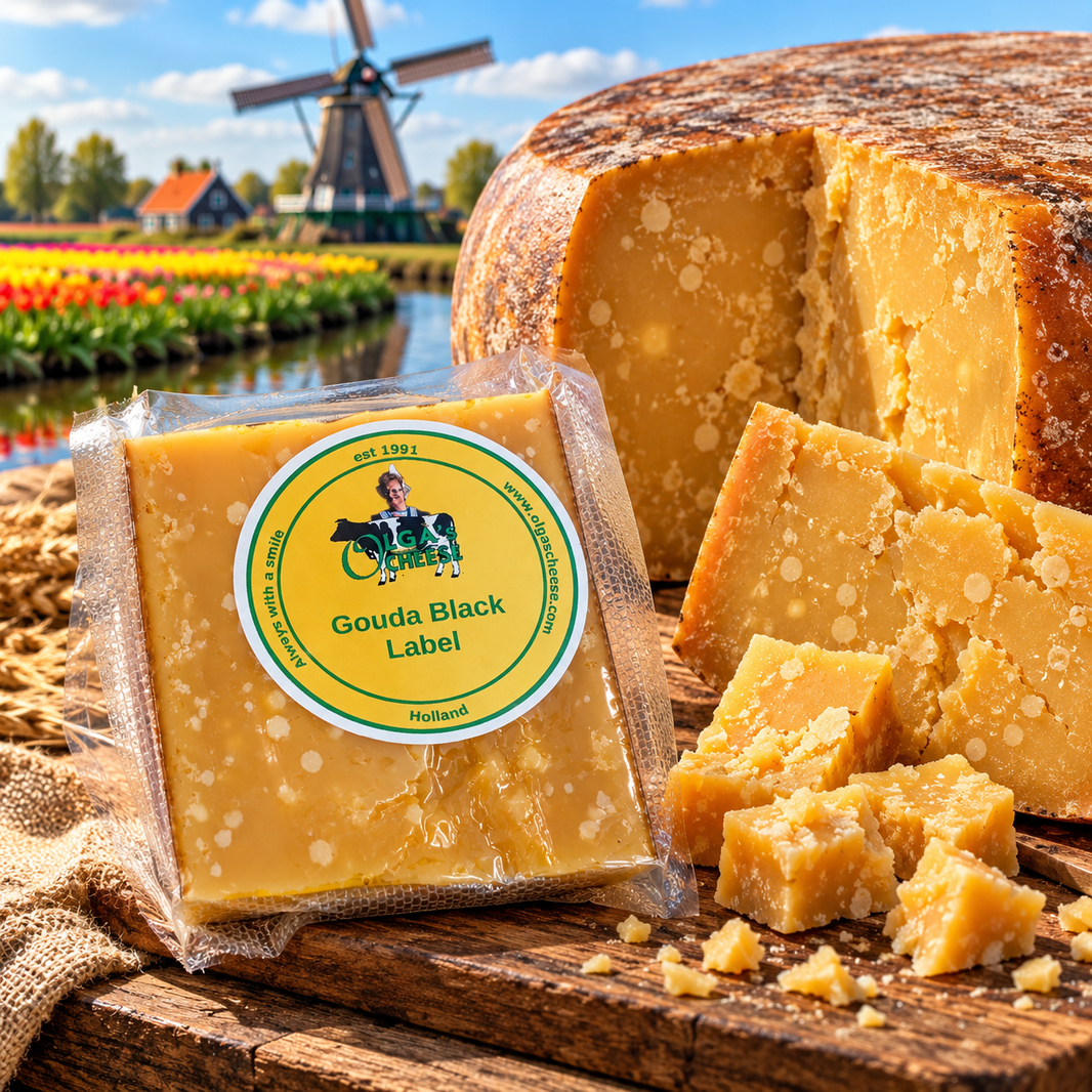 Olga's Cheese Black Label Gouda with a large 10 kg aged Gouda wheel, Dutch windmill and tulips
