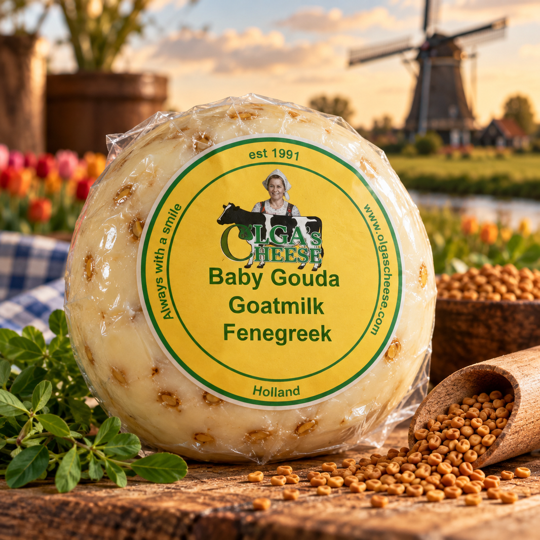Olga's Cheese Goat Fenugreek with transparent cellophane, Dutch windmill and fenugreek seeds