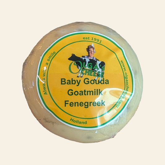 Olga's Cheese Goat Fenugreek on a clean cream studio background
