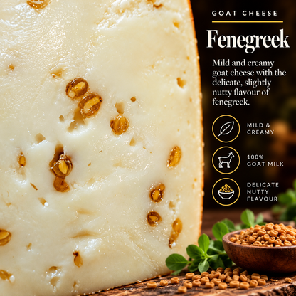 Olga's Cheese Goat Fenugreek taste and texture card with real fenugreek seeds, creamy goat cheese and nutty flavour