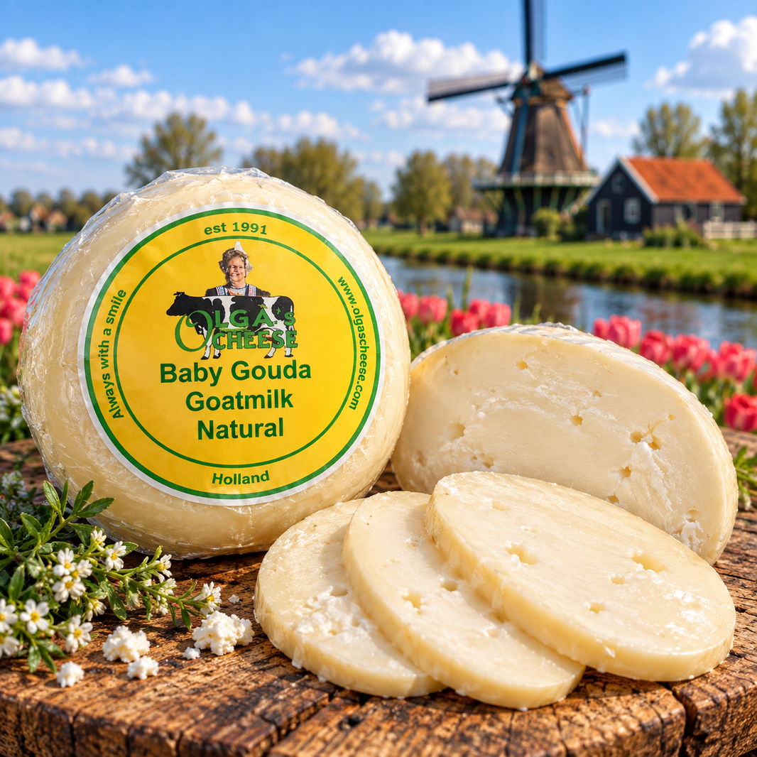 Olga's Cheese Baby Gouda Goatmilk Natural with transparent cellophane, Dutch windmill and sliced goat cheese