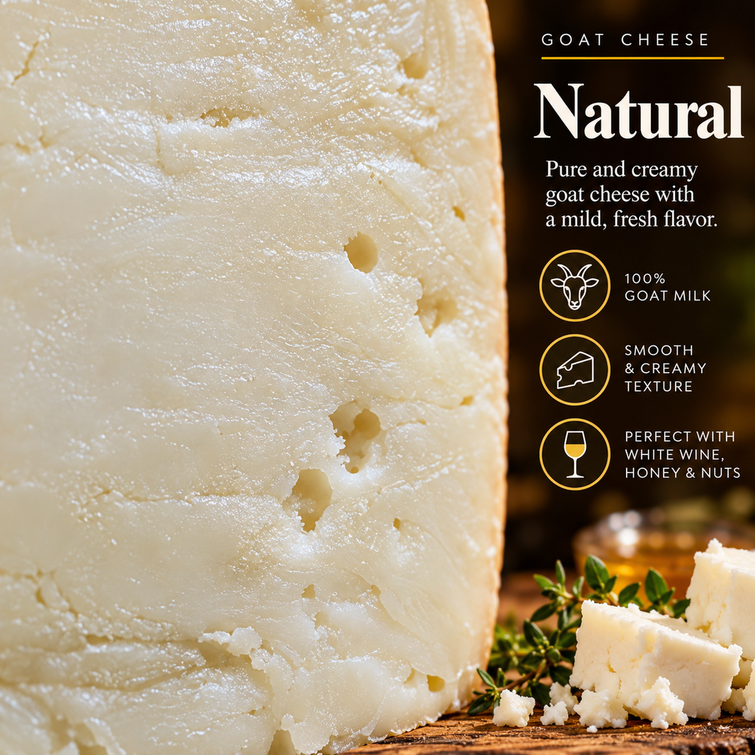 Olga's Cheese Goat Natural taste and texture card with 100% goat milk, smooth creamy texture and pairing notes