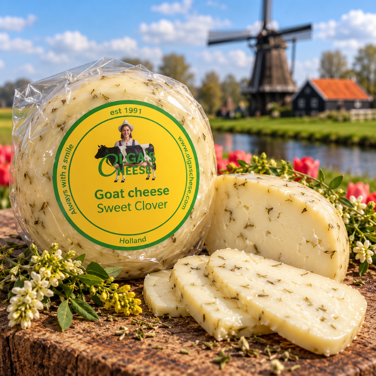 Olga's Cheese Goat Sweet Clover with transparent cellophane, Dutch windmill and sliced goat cheese