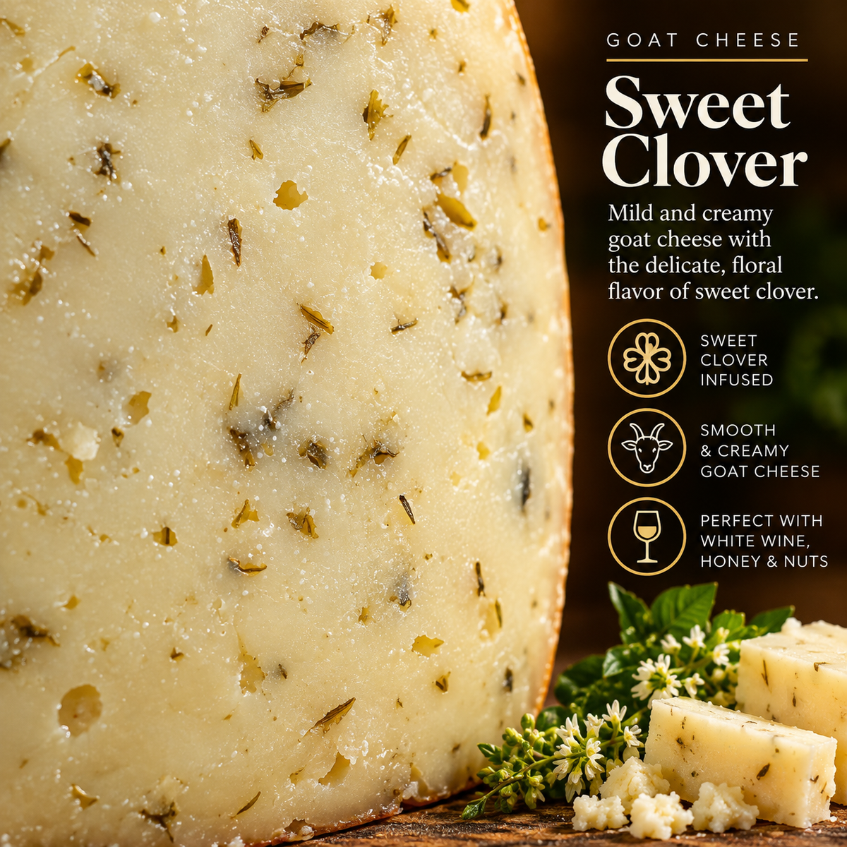 Olga's Cheese Goat Sweet Clover taste and texture card with sweet clover, creamy goat cheese and pairing notes