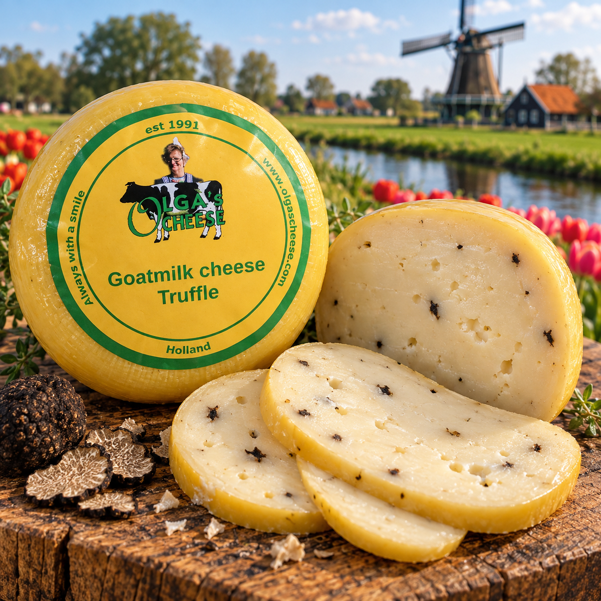 Olga's Cheese Goat Truffle with Dutch windmill, tulips, truffle and sliced goat cheese