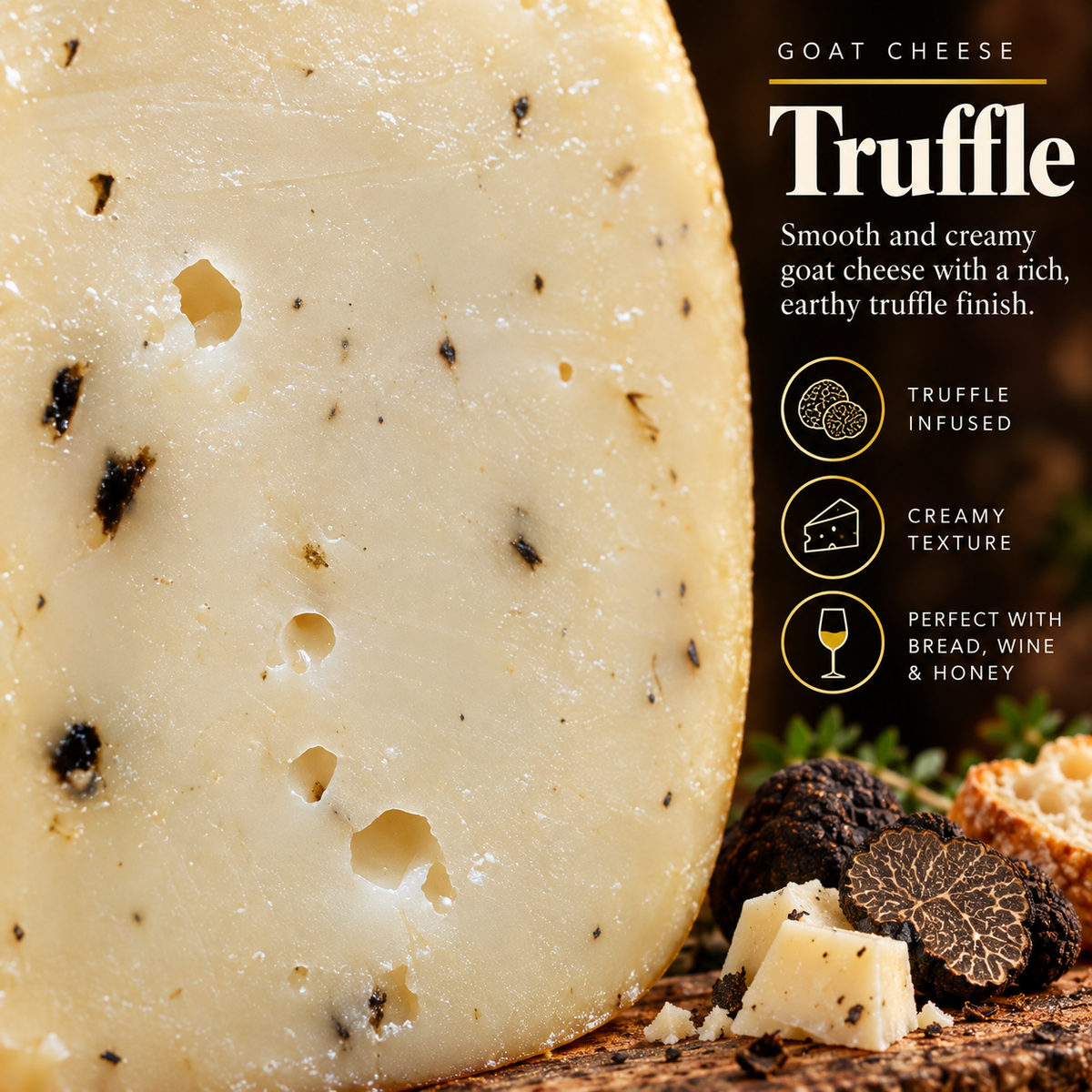 Olga's Cheese Goat Truffle taste and texture card with truffle infused creamy goat cheese