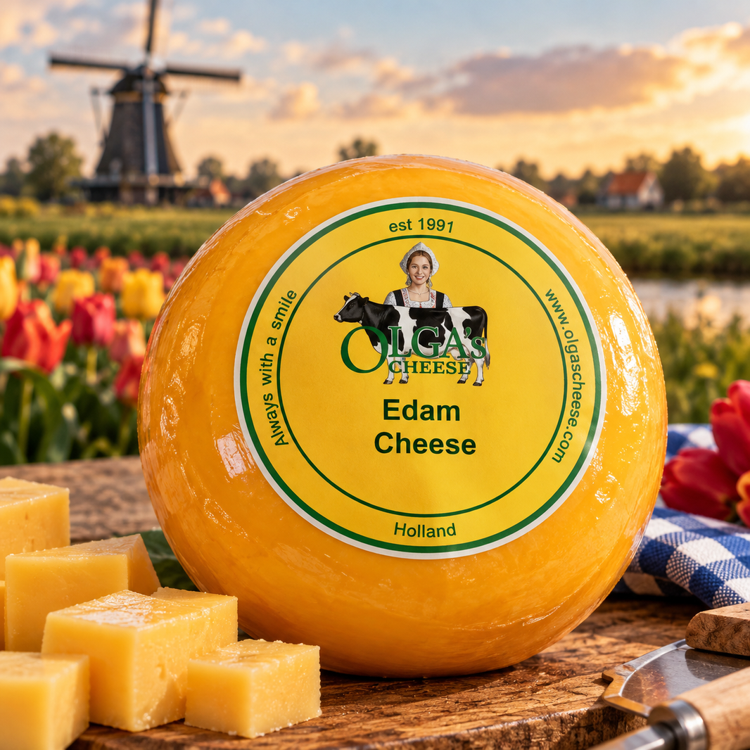 Olga's Cheese Edam hero with orange rind, Dutch windmill and cheese cubes
