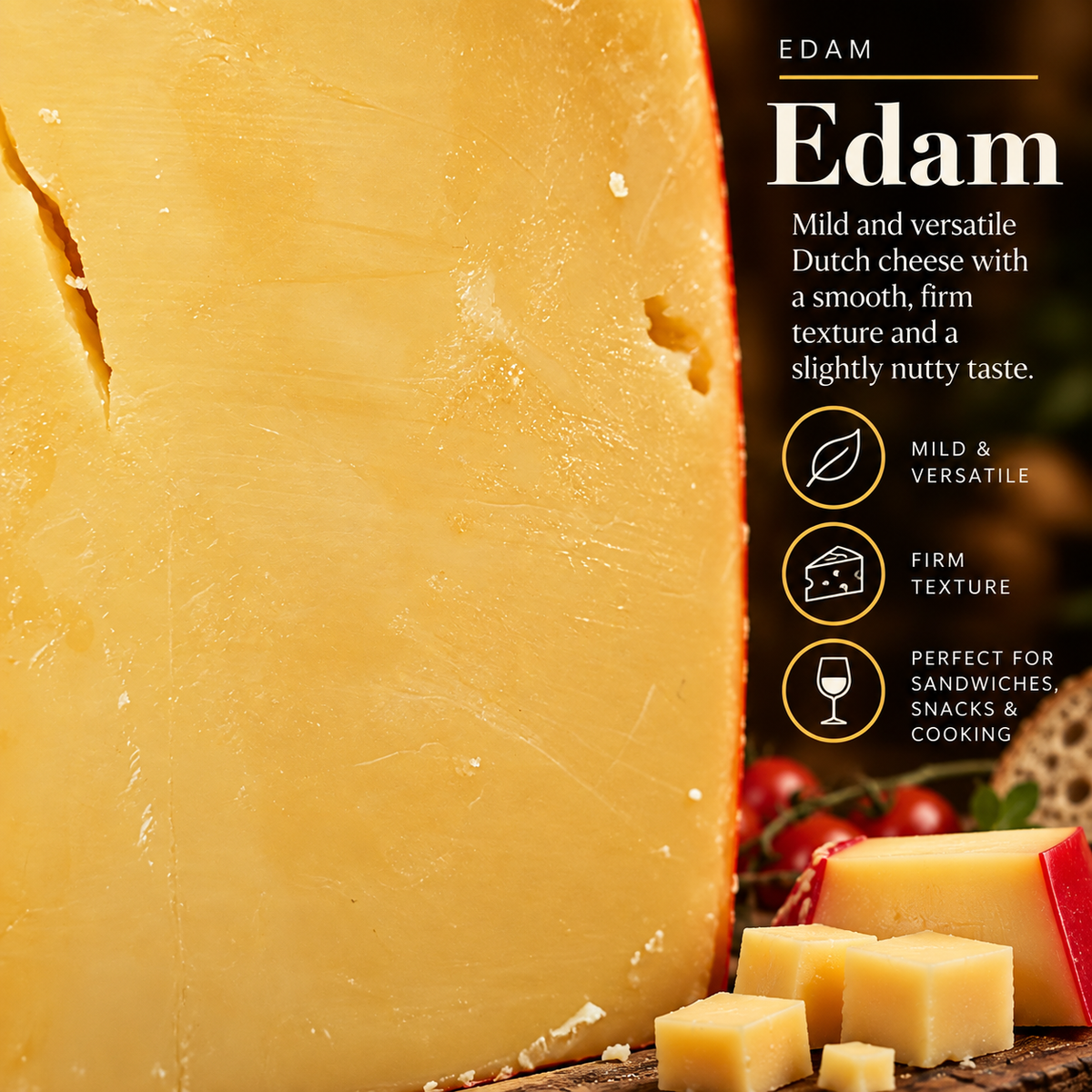 Olga's Cheese Edam taste and texture card with firm texture and pairing notes