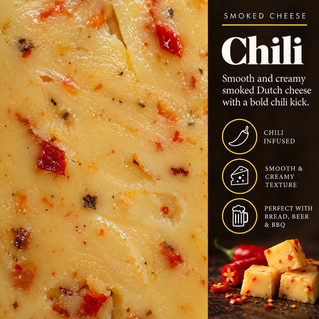 Olga's Cheese Smoked Chili taste and texture card with chili infused smooth creamy texture and bread beer BBQ pairing