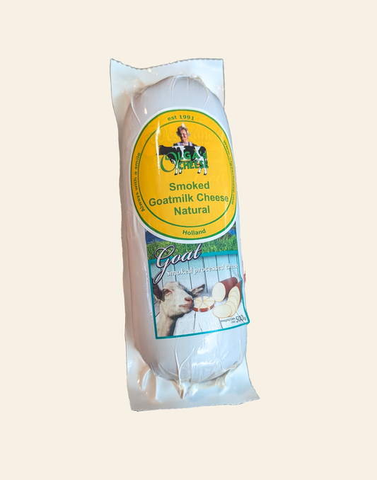 Olga's Cheese Smoked Goat on a clean cream studio background