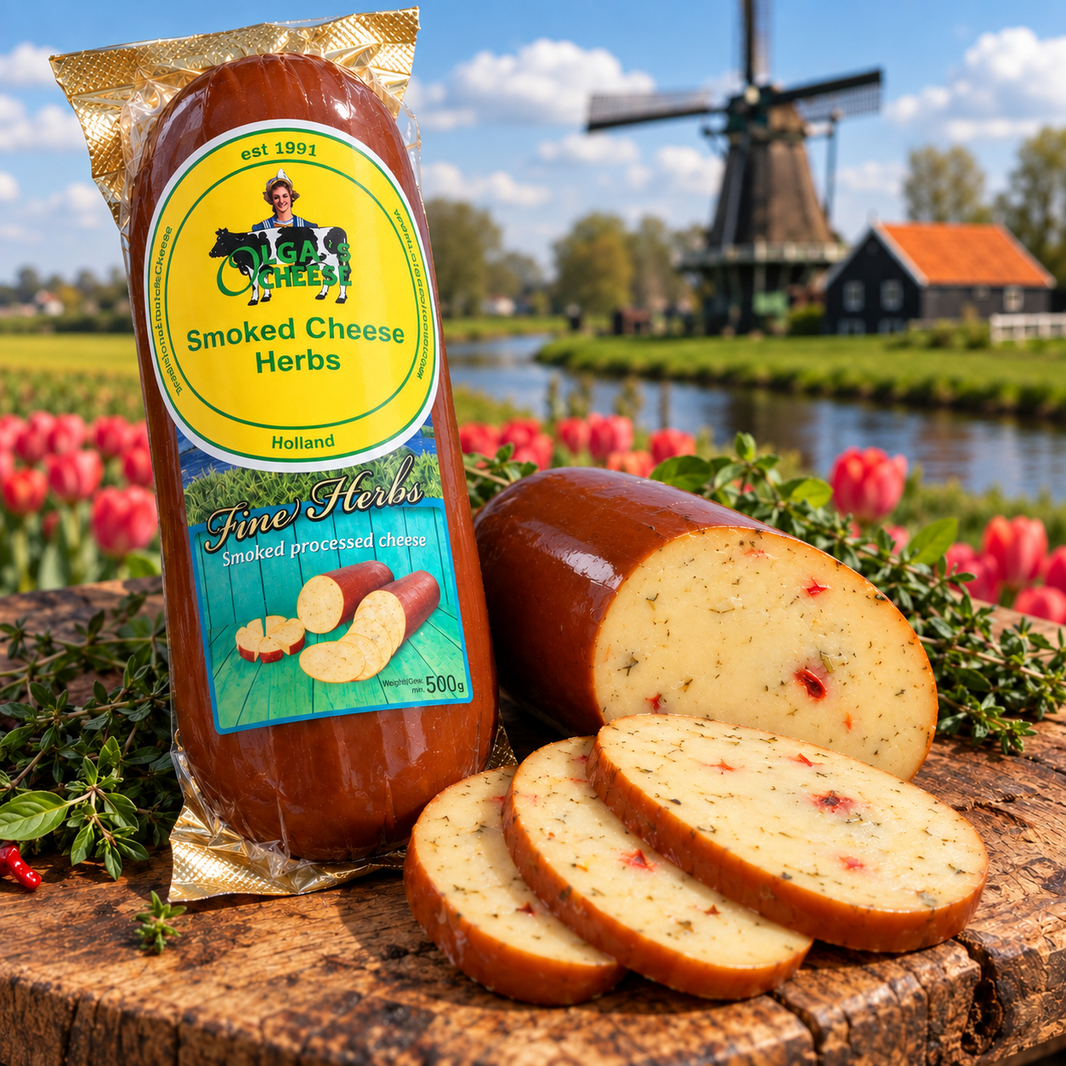 Olga's Cheese Smoked Herbs with Dutch windmill, tulips and sliced smoked herb cheese