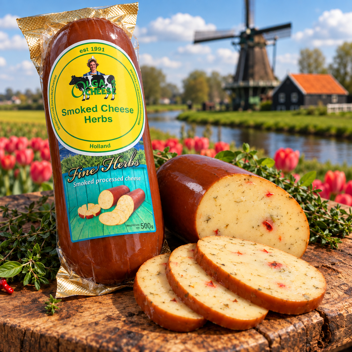 Olga's Cheese Smoked Herbs with Dutch windmill, tulips and sliced smoked herb cheese