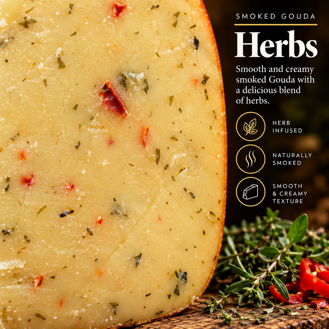 Olga's Cheese Smoked Herbs taste and texture card with herb infused, naturally smoked and smooth creamy texture
