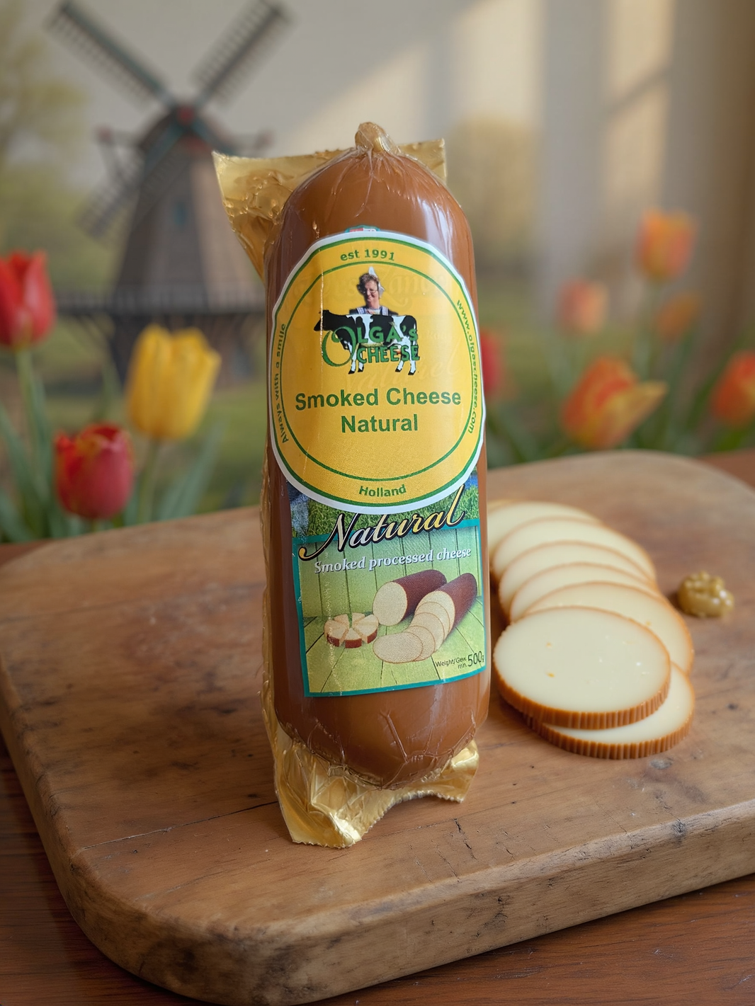 Olga's Cheese Smoked Cheese Natural with Dutch windmill, tulips and sliced smoked cheese