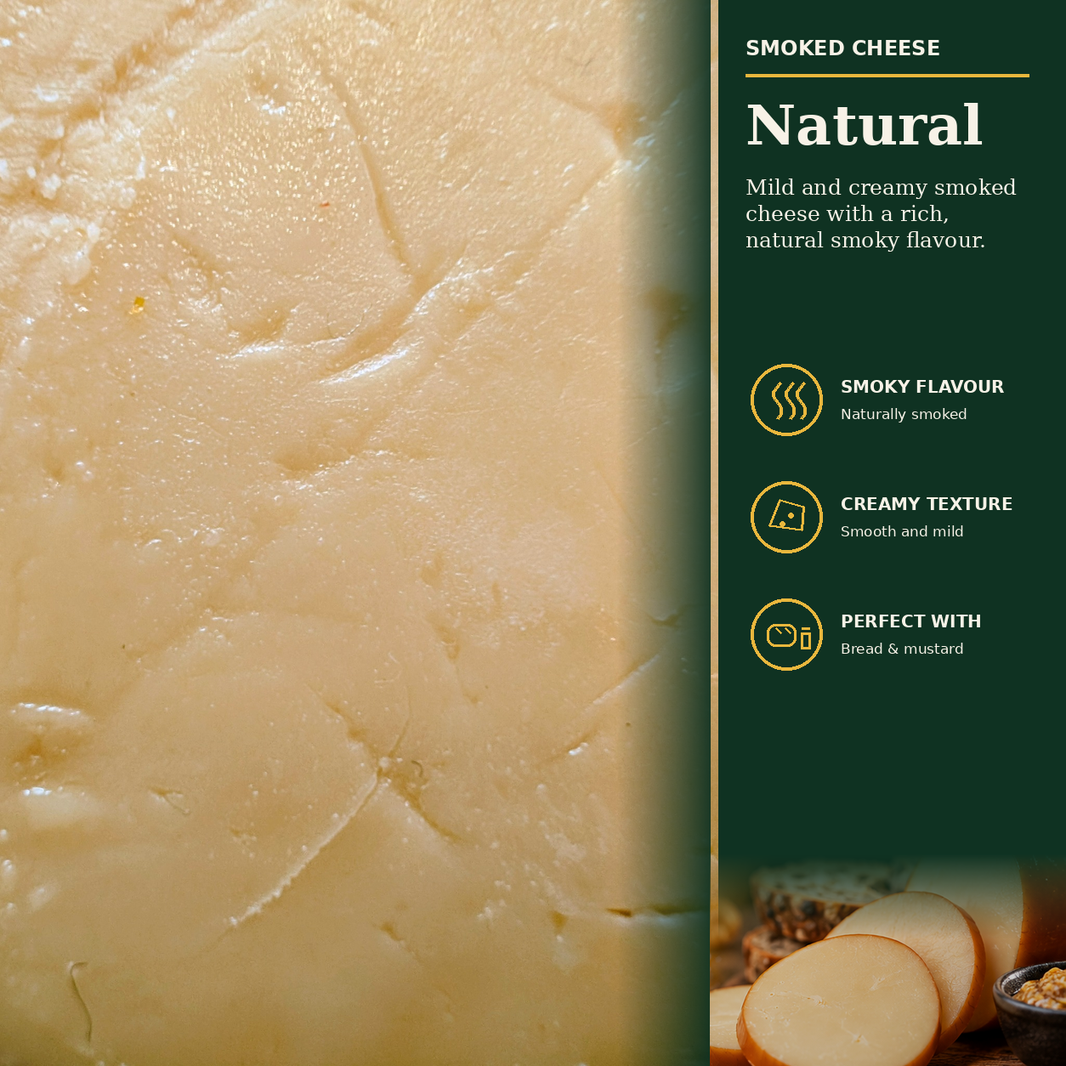 Olga's Cheese Smoked Natural taste and texture card with real cheese texture, smoky flavour, creamy texture, bread and mustard pairing